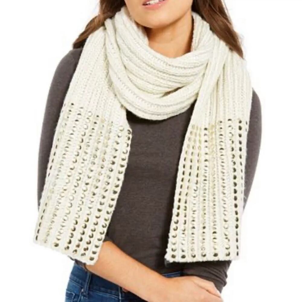 DKNY NEW Chunky Knit Scarf White Gold Metallic Stud Embellishment Winter Wrap
